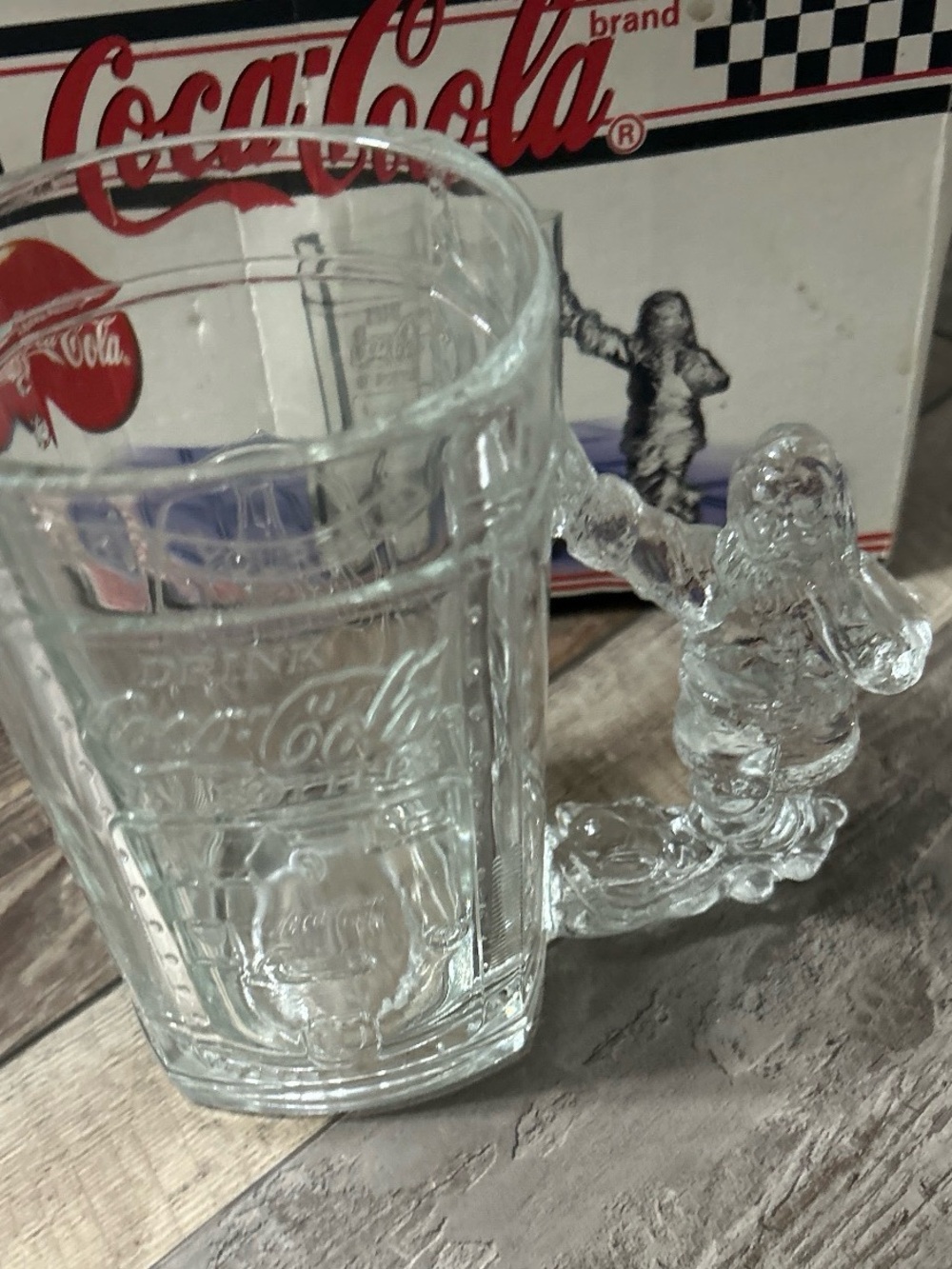 Coca Cola Clear Glass Mug with Sculpted Santa Handle